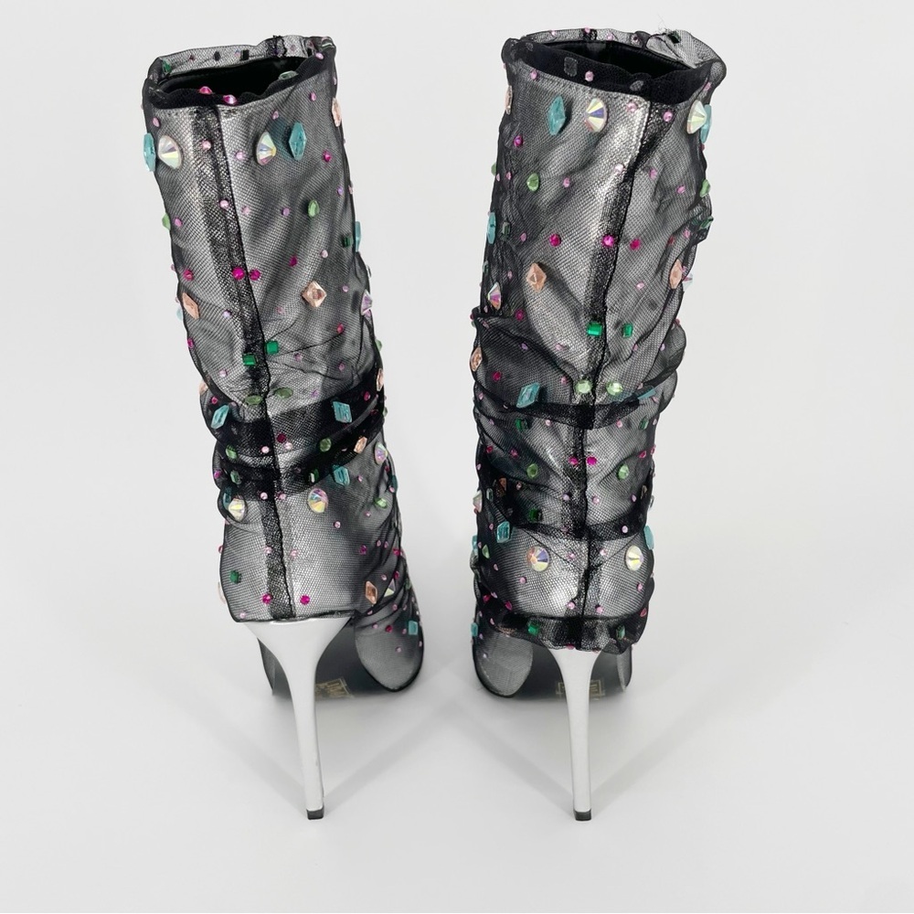 Metallic Silver Embellished Mid-Calf Stiletto Booties - Picture 7 of 10